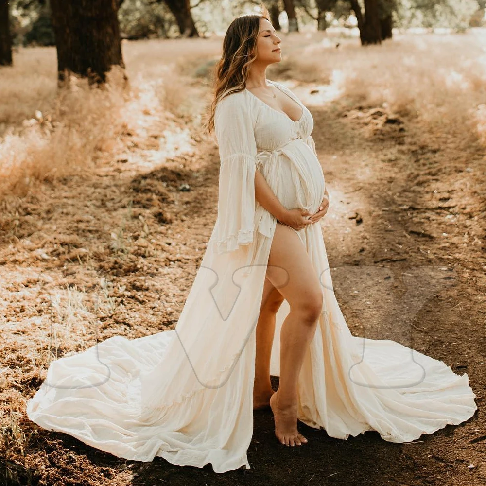 Vestido de maternidad bohemio de lino y algodón con cuello en V - imagen 5