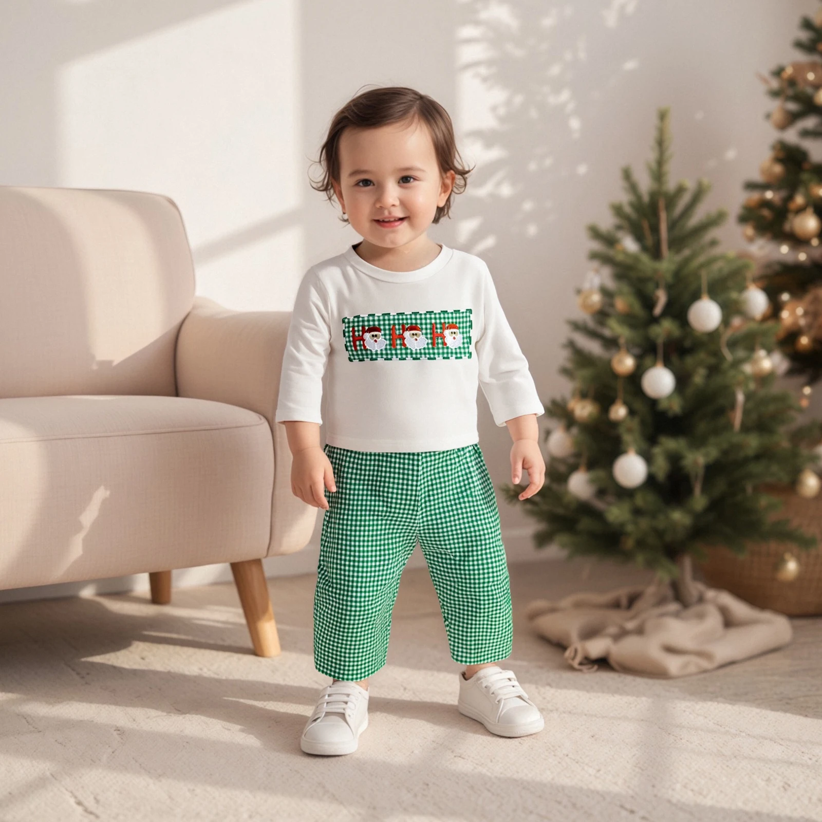 VISgogo Conjunto de traje navideño para bebé, camisa de manga larga con bordado de Papá Noel y pantalones elásticos a cuadros para ropa de 2 piezas - imagen 4
