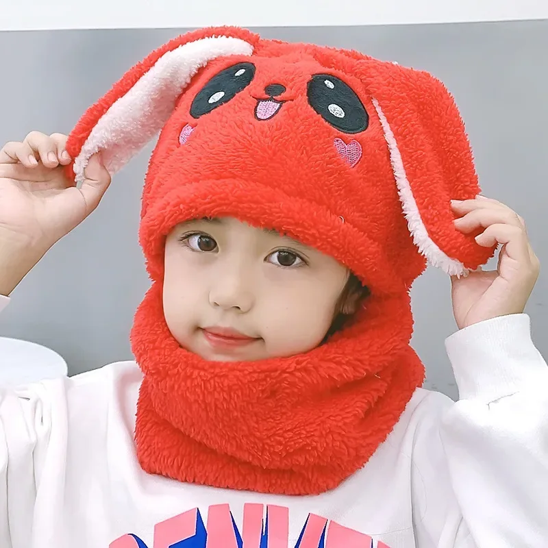 Gorro de terciopelo Coral con conejo de dibujos animados para invierno de 1 a 12 años, pasamontañas de felpa, gorros para niños, bufanda de lana doble para bebé, sombrero, accesorios para bebé - imagen 4