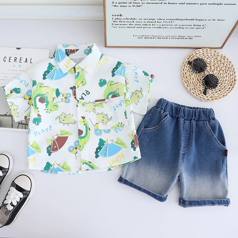 Milancel-Conjunto de ropa con cuello vuelto para niños, camisa con estampado de dibujos animados, pantalones cortos informales, 2 piezas, novedad de verano 2024 - imagen 2