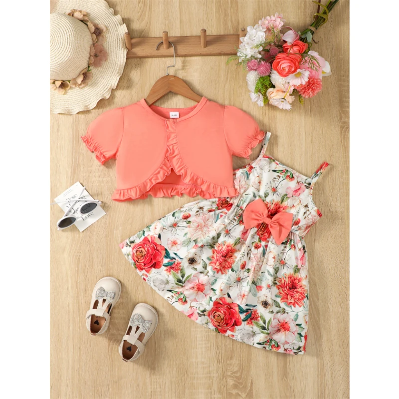Conjunto de vestido de 2 piezas para niña, cárdigan de manga de burbuja, vestido Floral con tirantes y lazo, ropa de moda de verano, Atuendo para niño de 1 a 6 años - imagen 2