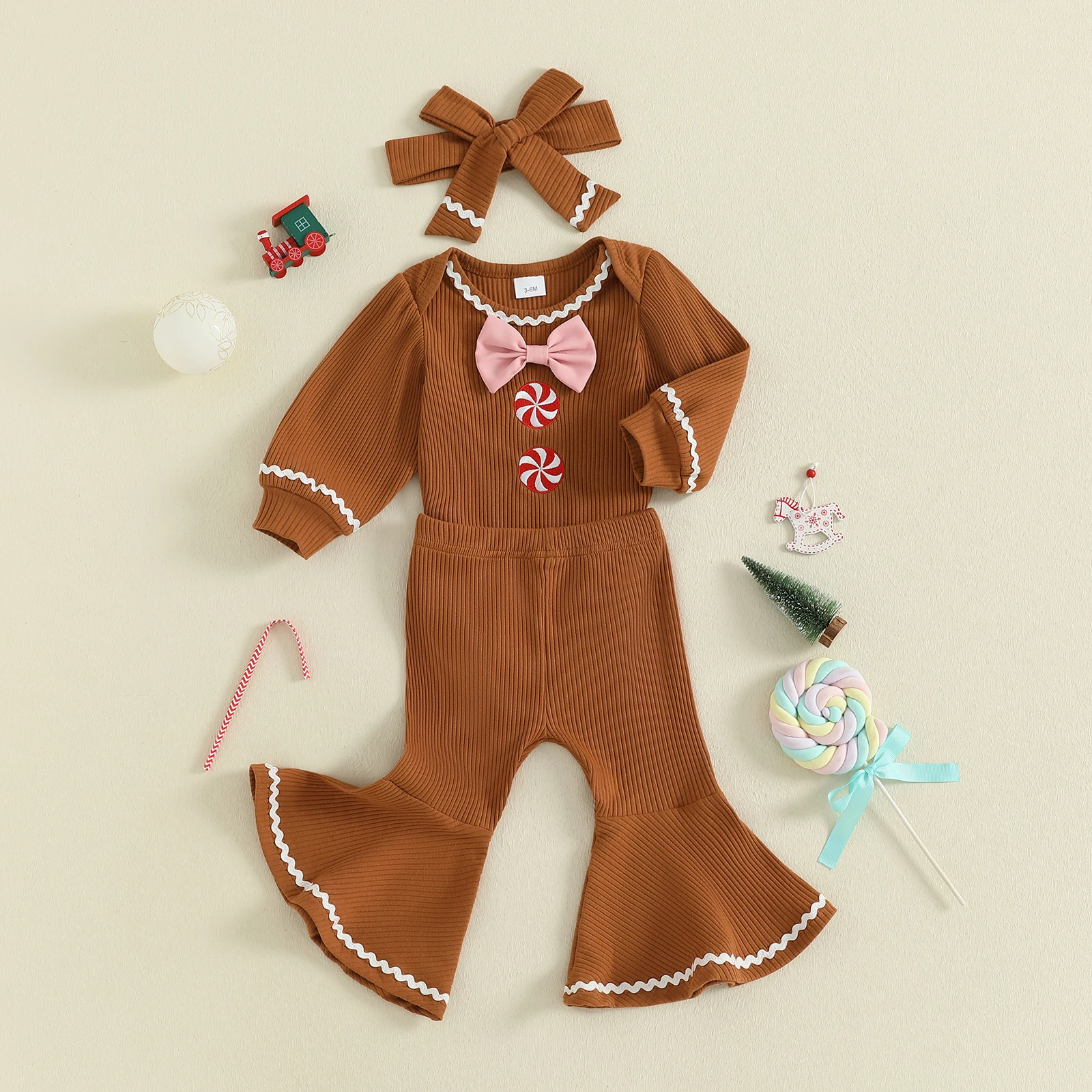 Suefunskry Conjunto de 3 piezas de trajes navideños para niña, mameluco de manga larga con pantalones acampanados y diadema