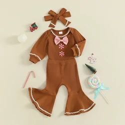 Suefunskry Conjunto de 3 piezas de trajes navideños para niña, mameluco de manga larga con pantalones acampanados y diadema