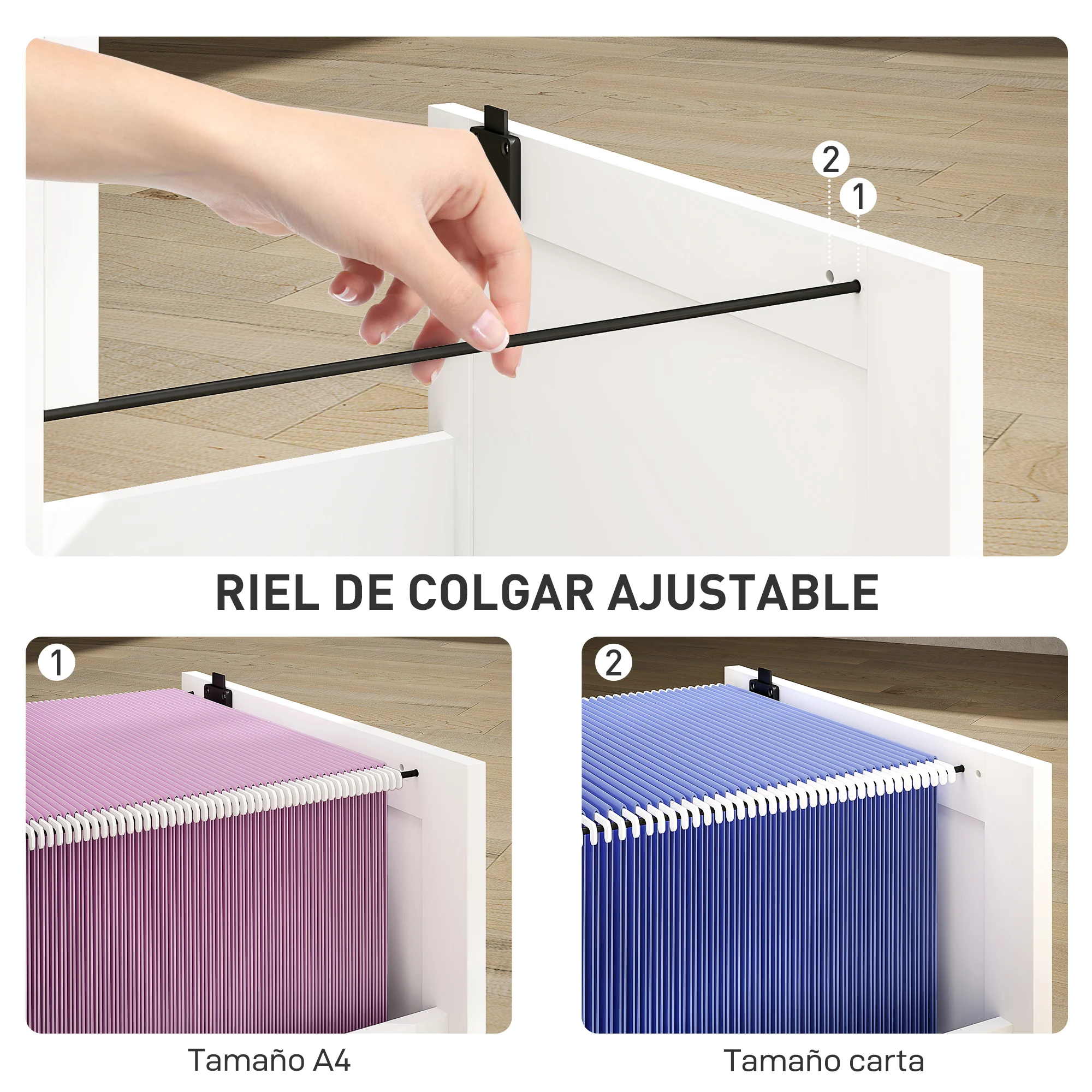HOMCOM Cajonera Escritorio con 4 Cajones, Cajonera de Oficina, Mueble Archivador, con 2 Cerraduras, Riel Colgante para A4 y Carta, 40x40x131 cm, Blanco - imagen 5