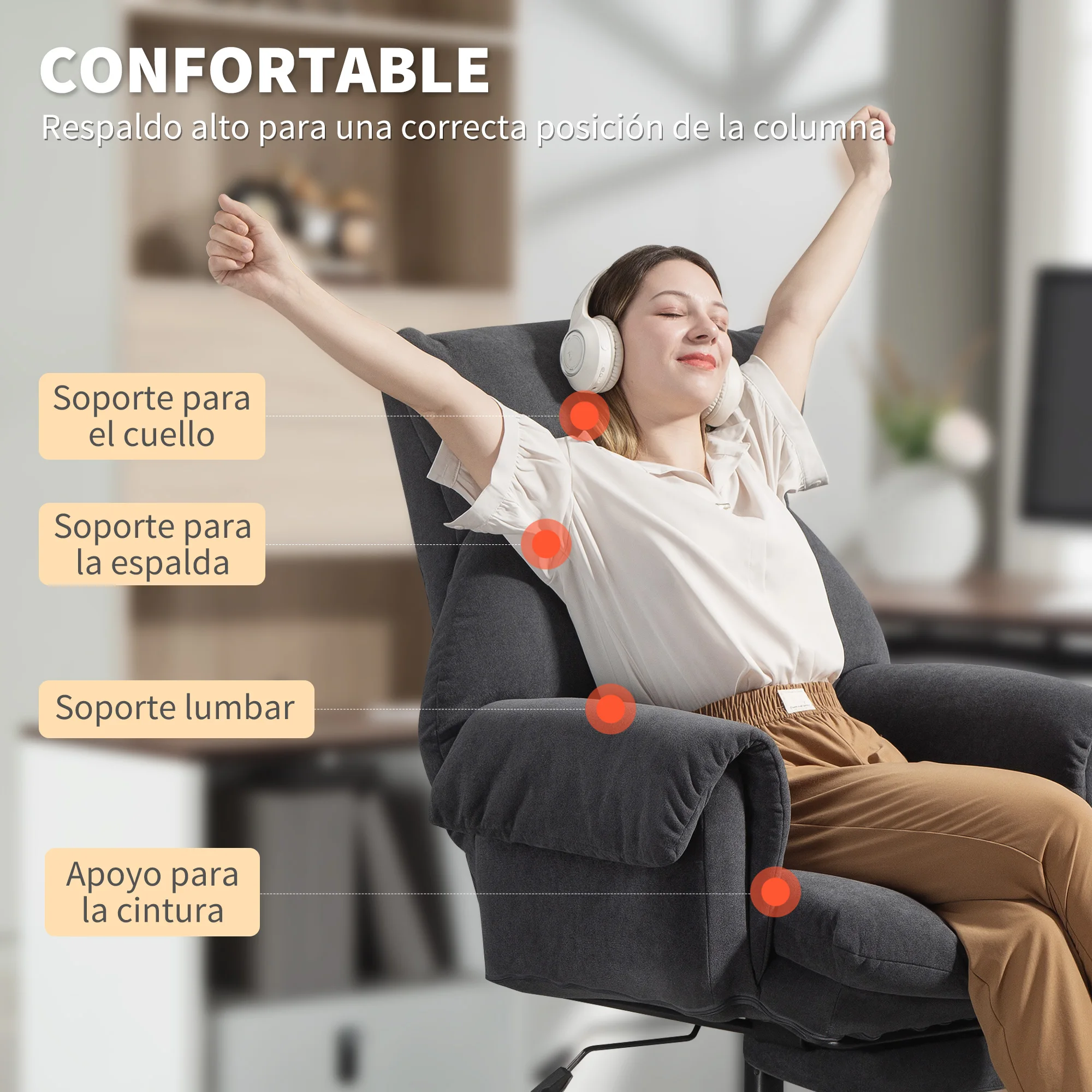 HOMCOM Silla de Escritorio con Reposapiés, Silla de Oficina Giratoria, con Respaldo Reclinable y Alto, Asiento y Reposabrazos Anchos, Acolchado Grueso, Tapizada en Terciopelo, Altura Ajustable, Gris - imagen 4