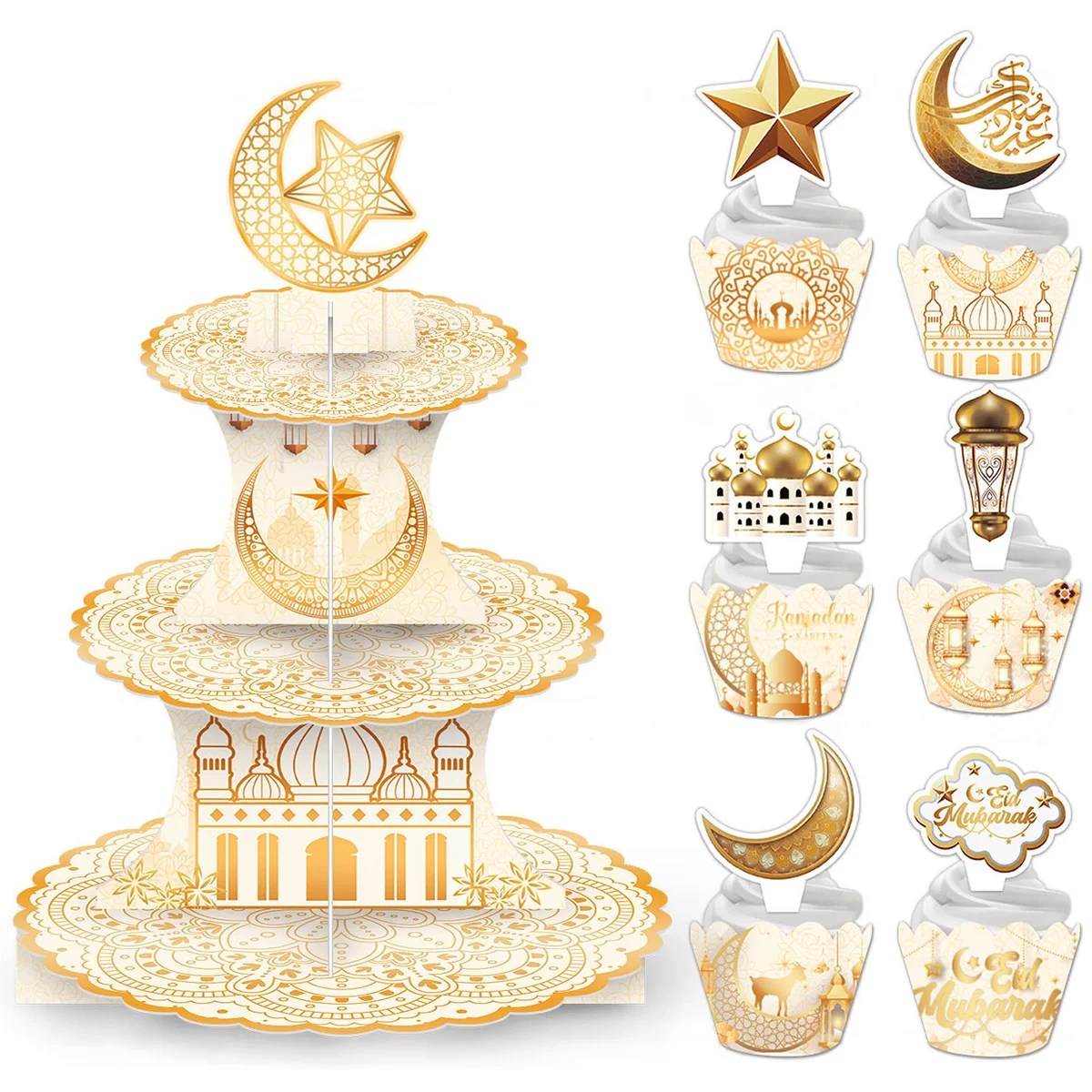 Soporte de cartón para pastel de Eid Mubarak de 3 niveles, torre de exhibición plegable para magdalenas, dulces y postres, decoración para fiesta temática de Eid Al-Fitr de oro blanco - imagen 2