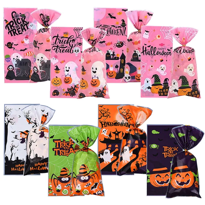 Bolsa de regalo plana abierta para Halloween, suministros de plástico para fiestas y festivales, bolsa de embalaje para dulces y aperitivos, patrón de dibujos animados TMZ, 50/100 Uds.