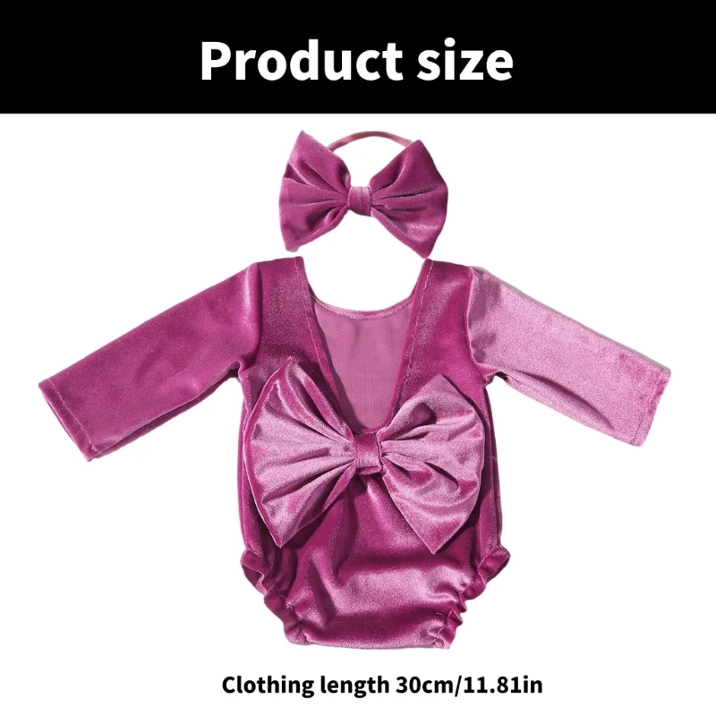 Pelele de terciopelo para recién nacido, accesorios para fotos de recién nacido, conjunto de diadema para niña, ropa para sesión de fotos infantil - imagen 2
