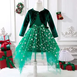 Vestido Navidad niña en tul con copos y cárdigan terciopelo