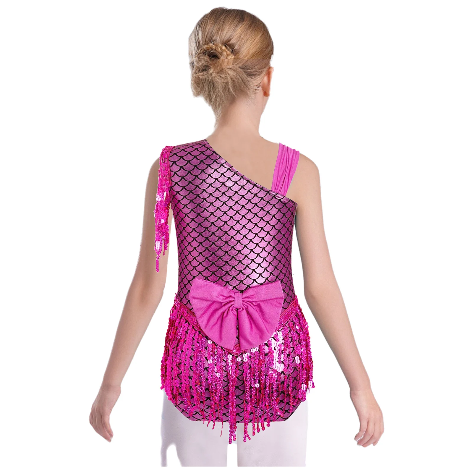 Niños Niñas escamas de pescado Ballet danza leotardo Bowknot espalda lentejuelas borlas mono de gimnasia para Halloween Cosplay fiesta temática - imagen 4