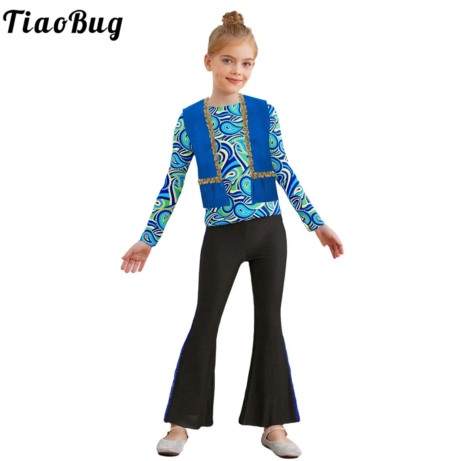 Conjunto hippie niña disco años 70 chaleco borlas pantalón acampanado - imagen 2