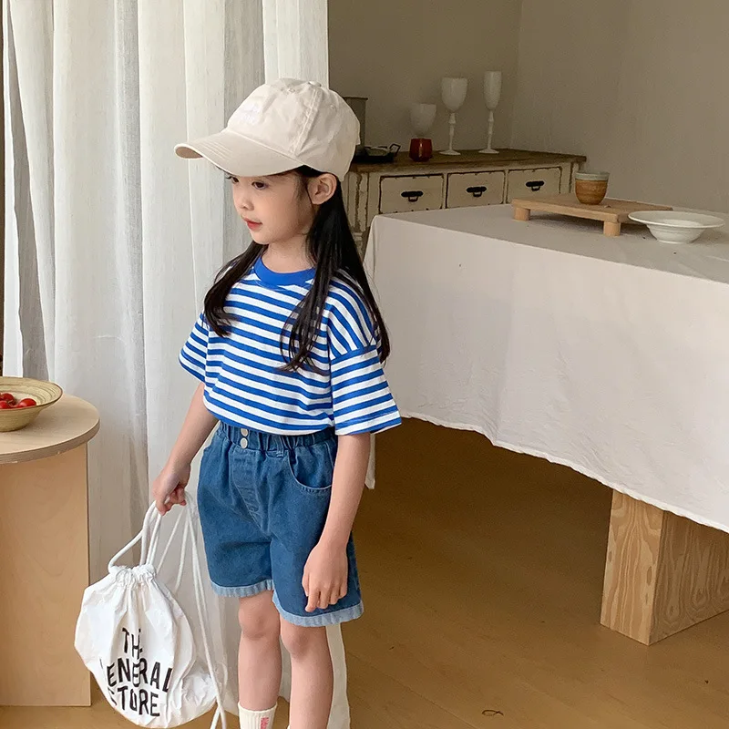 Camiseta de manga corta a rayas de verano para niños, camiseta de algodón a rayas azules, rojas, rosas y blancas para niños y niñas - imagen 3