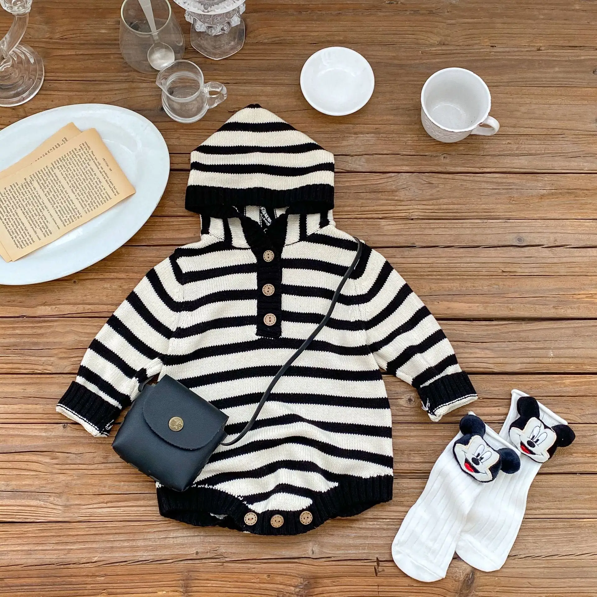 Ins-Mono de gasa de algodón con capucha para niños, ropa de primavera para niños, pelele triangular caqui, a rayas - imagen 4