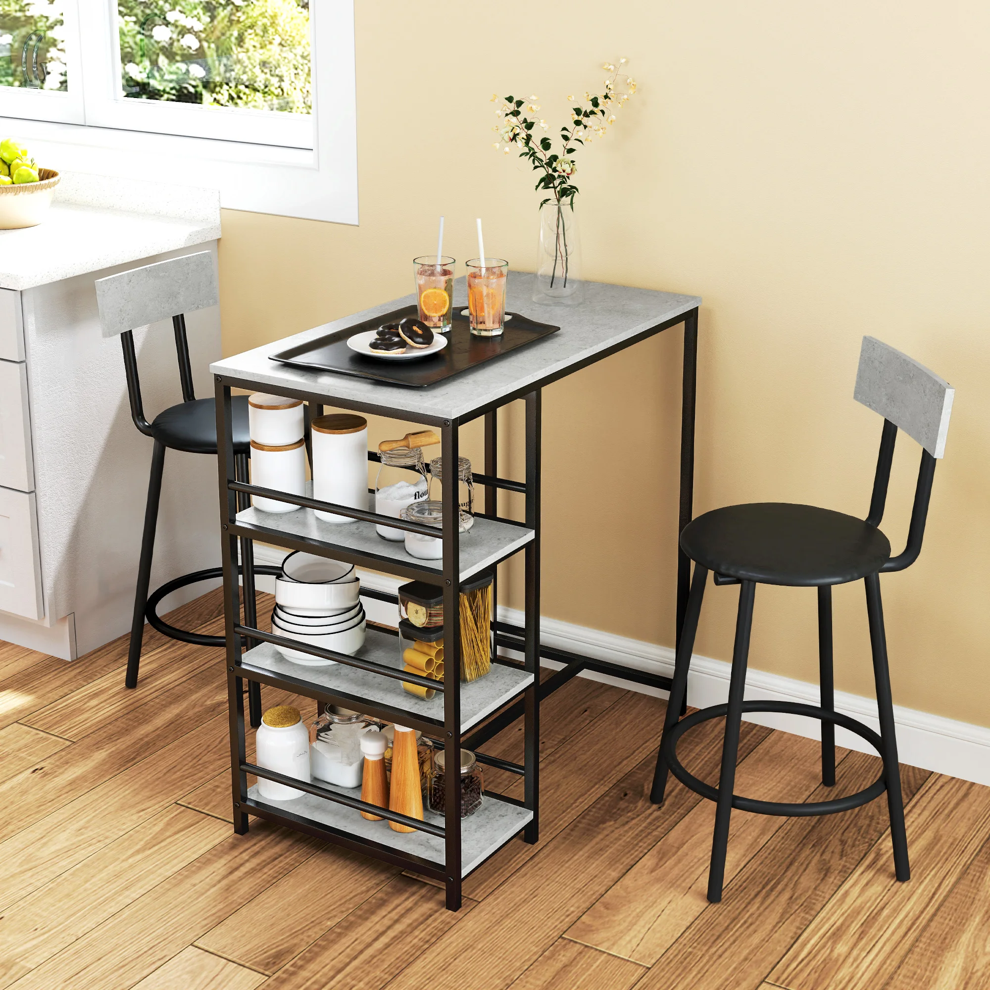 HOMCOM Conjunto de Mesa Alta de Bar con 2 Taburetes Mesa Alta de Cocina con Taburetes Estantes Laterales Asiento Acolchado y Barra para Descanso de Pies para Comedor Gris Oscuro