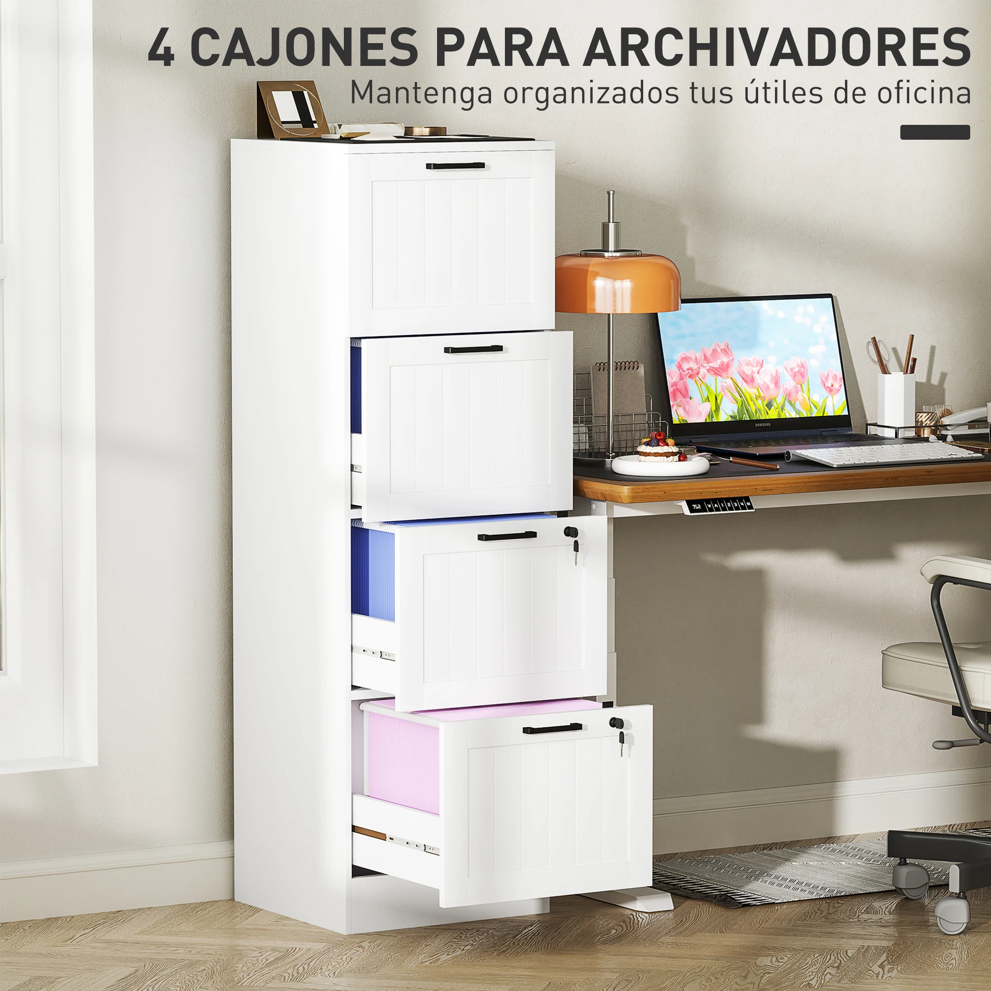 HOMCOM Cajonera Escritorio con 4 Cajones, Cajonera de Oficina, Mueble Archivador, con 2 Cerraduras, Riel Colgante para A4 y Carta, 40x40x131 cm, Blanco - imagen 4