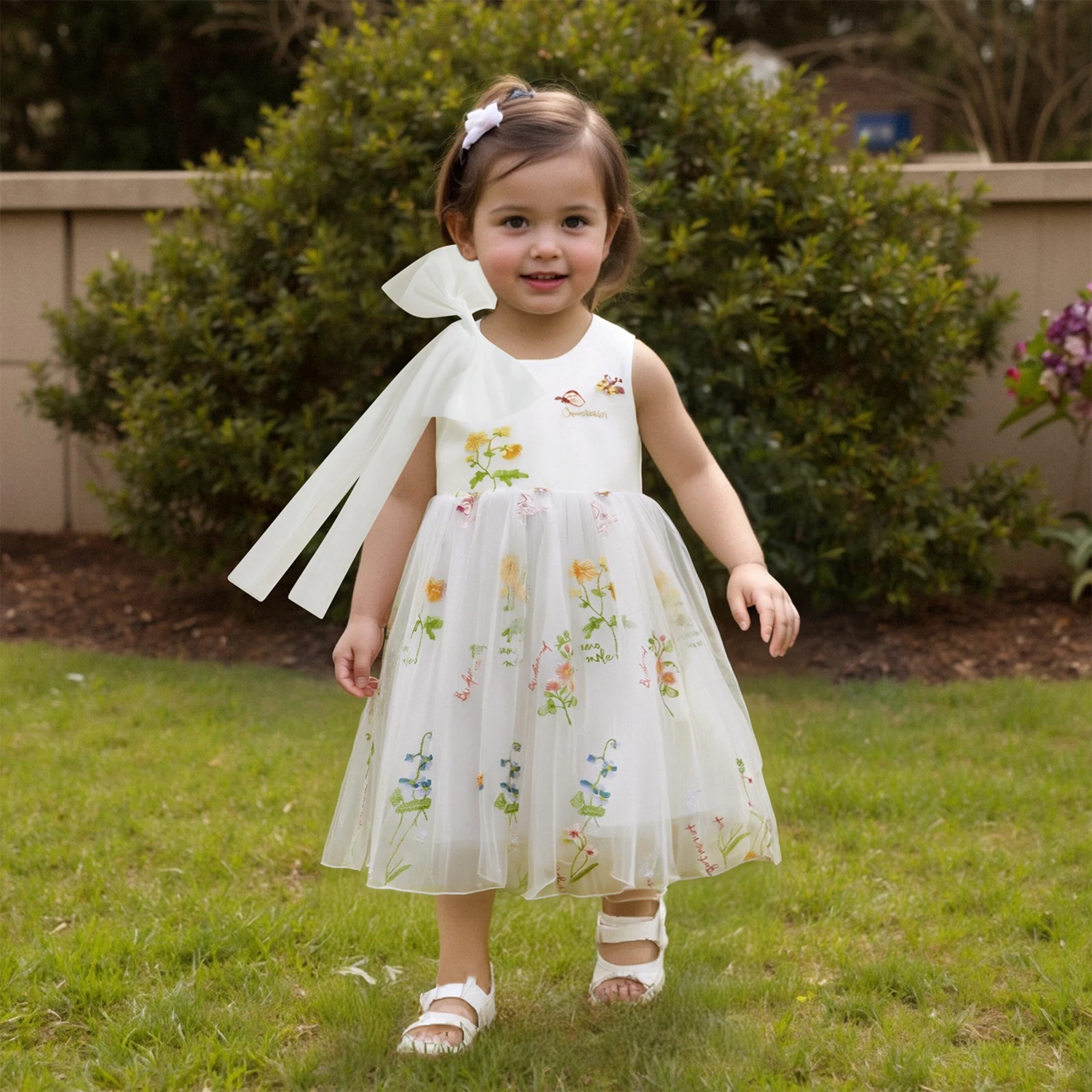 Vestido de tul sin mangas con flores para niña, cuello redondo - imagen 3