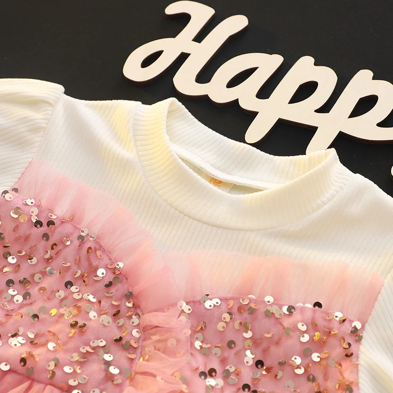 Vestidos para niños niñas algodón manga larga lentejuelas encaje princesa vestidos para niños primavera elegante ropa de cumpleaños disfraz de espectáculo - imagen 3