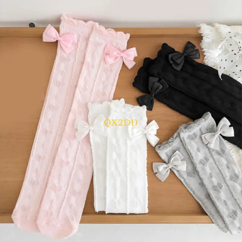 QX2D Calcetines por encima rodilla calcetines algodón para niños, calcetines largos con lazo, calcetines para - imagen 5