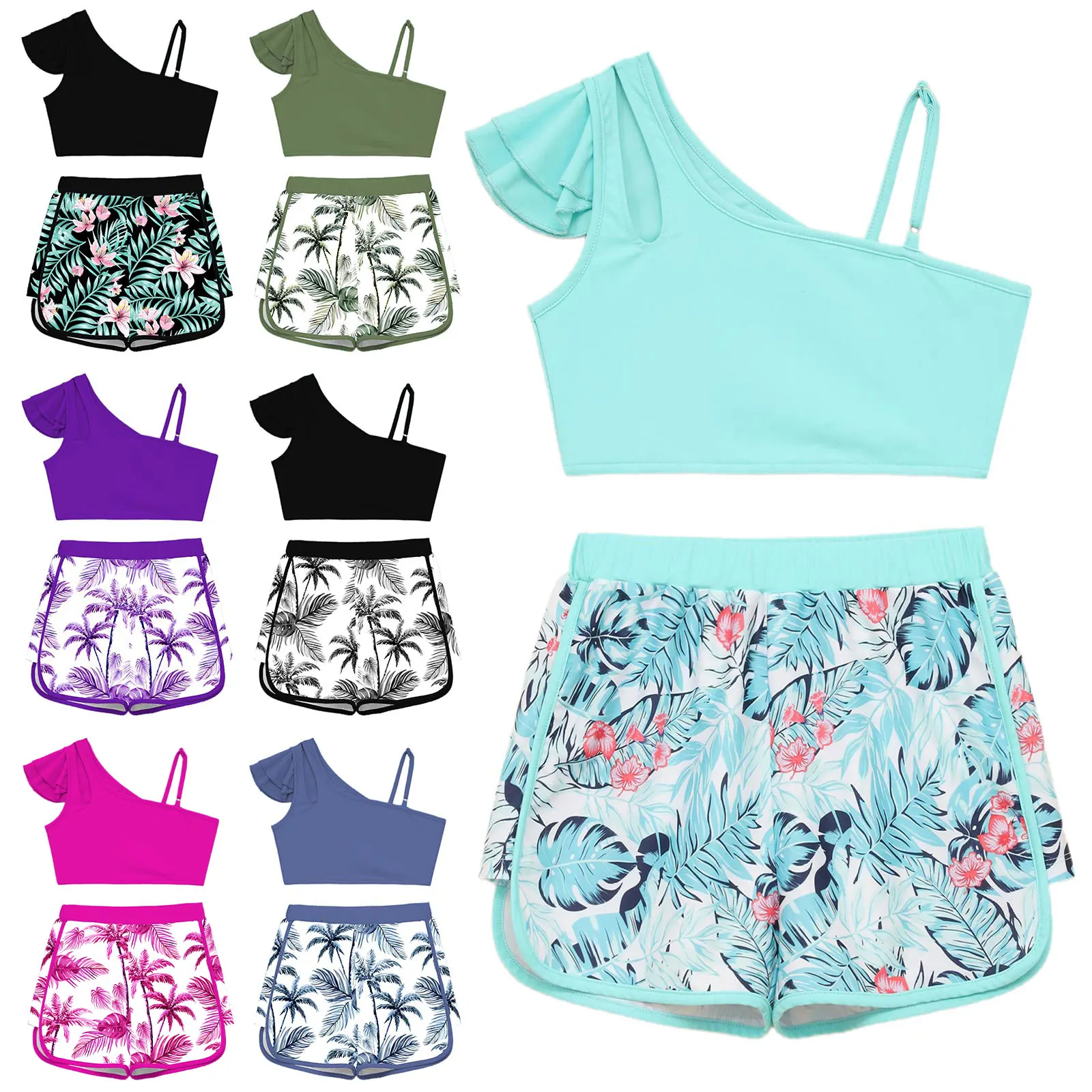 Bañador niña camiseta asimétrica pantalón corto estampado tropical - imagen 2