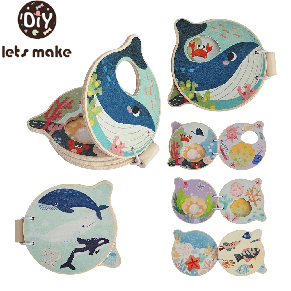 Libro de madera para bebés, juguetes educativos tempranos, lectura de iluminación Montessori, ilustración de animales marinos, libro cognitivo para niños pequeños