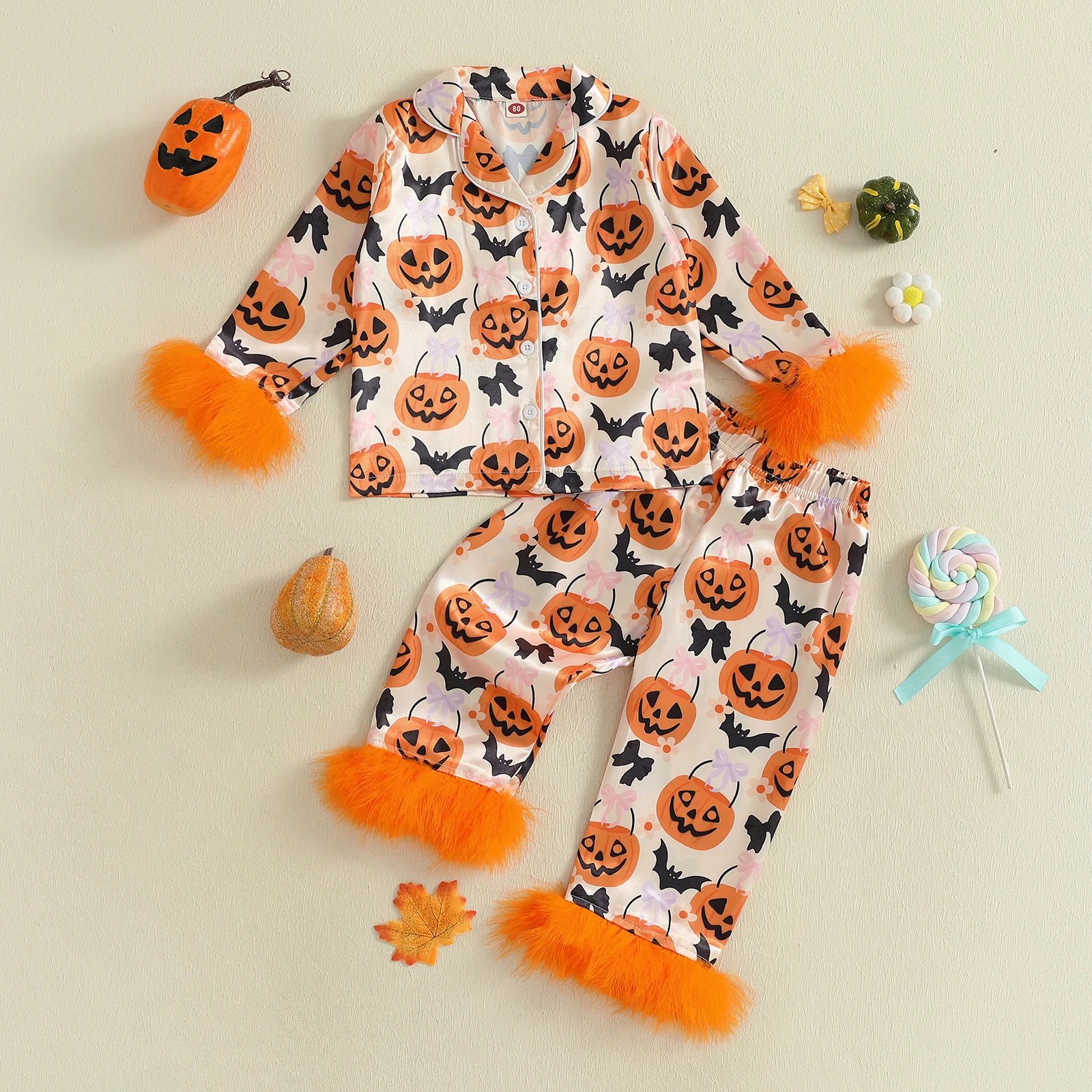 VISgogo Conjunto de pijamas de Halloween para niñas con puños de plumas, camisa con botones y pantalones elásticos con estampado de calabaza para ropa de descanso