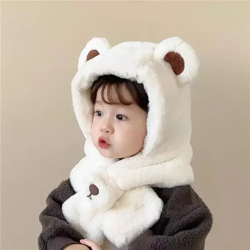 Gorro peludo cálido para bebé con bufanda, conjunto de oso de dibujos animados, gorro con protección para los oídos para niño pequeño con bufanda, gorros cálidos de felpa gruesos para invierno - imagen 5