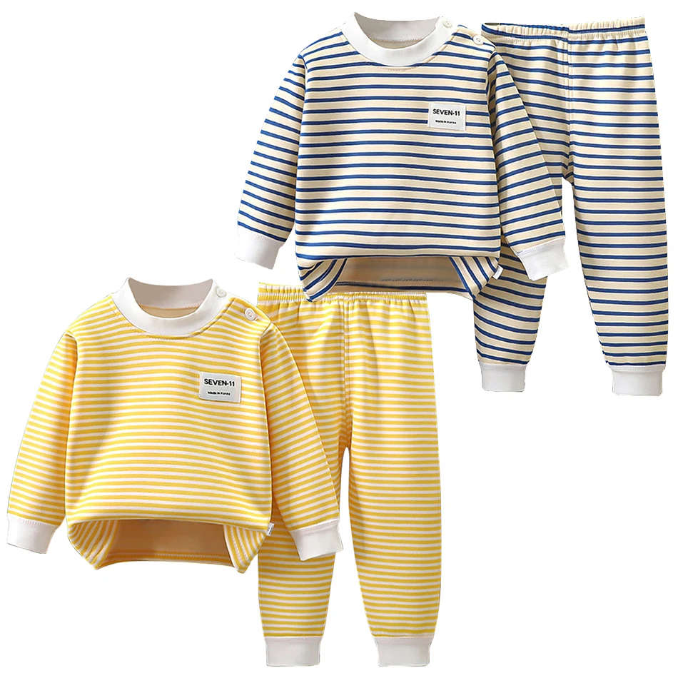 Conjunto de ropa de bebé con forro polar, ropa interior cálida a rayas, ropa de dormir, conjunto de pijama de invierno acogedor para bebés y niños pequeños, niños y niñas