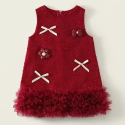 2026 primavera otoño niños ropa niñas Año nuevo moda coreana arco sin mangas encaje rojo princesa vestido de cumpleaños vestidos de lujo B337