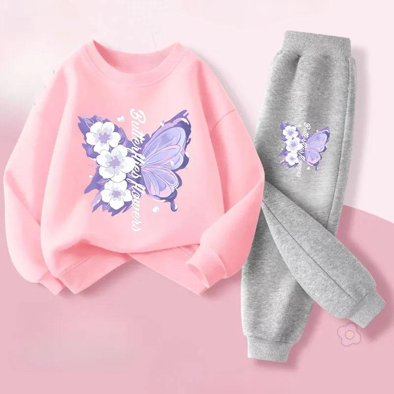 Conjuntos de dos piezas de pantalones largos de manga larga para niñas, sudaderas con capucha con estampado de mariposas elegantes, traje, trajes para niños, chándal, primavera