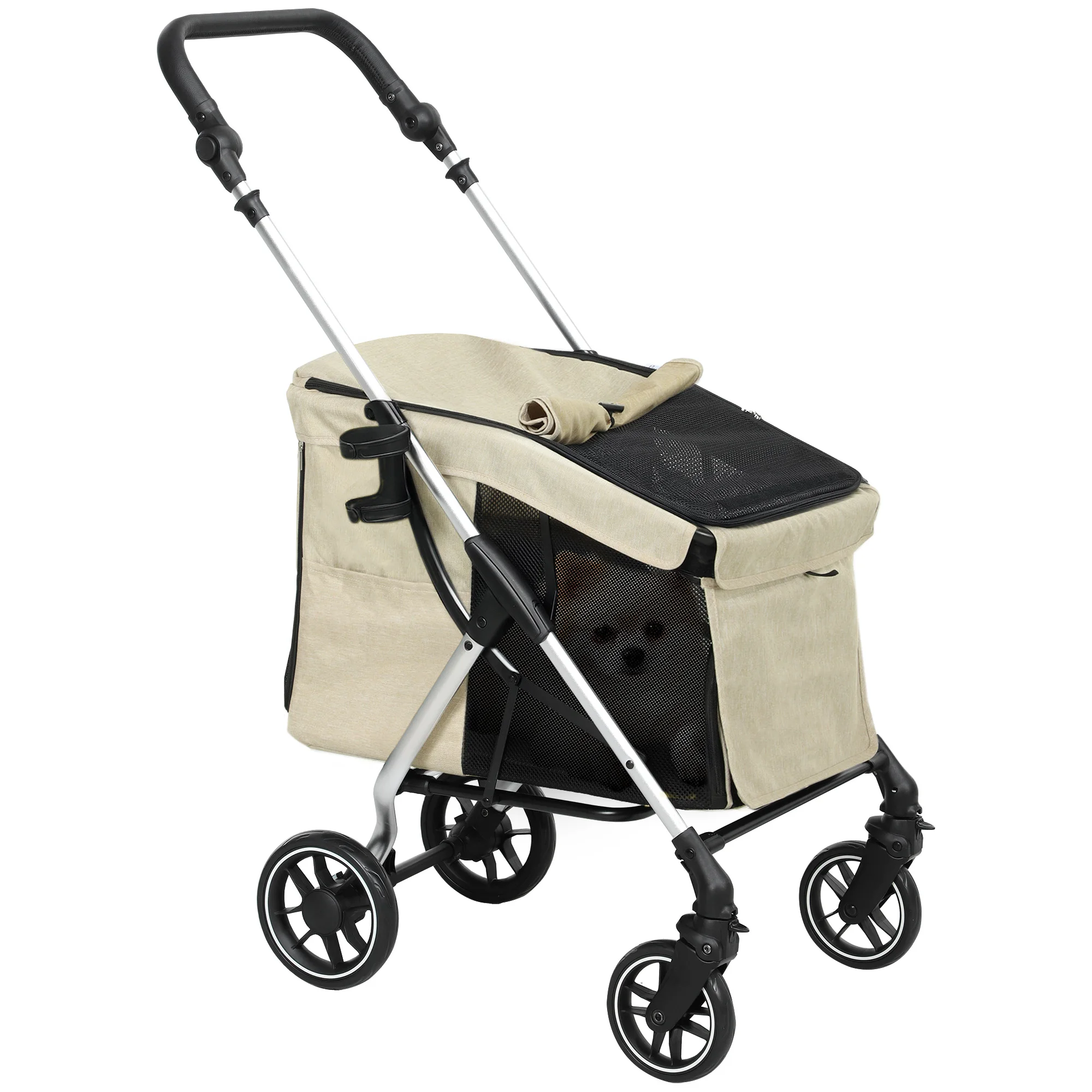 Carrito para Perros Plegable Cochecito para Perros Pequeños con Ruedas Universales Marco de Aluminio Correa de Seguridad Cojín Lavable y Ventanas 80x48,5x106 cm Caqui - imagen 2