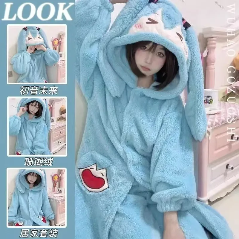 Pijamas de dibujos animados Hatsune Miku para mujer, camisón de terciopelo Coral grueso, conjuntos de pijamas casuales para el hogar, regalos de cumpleaños, Otoño, nuevo - imagen 2