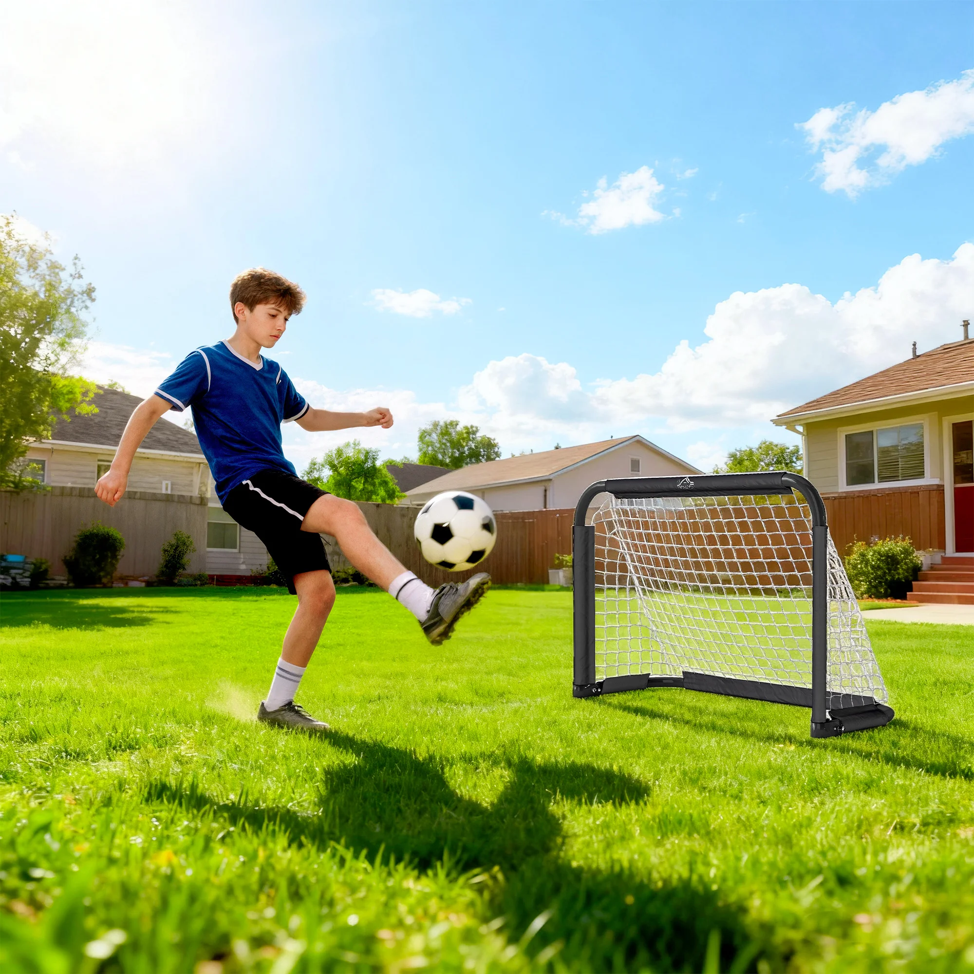 HOMCOM Set de 2 Porterías Plegables de Fútbol Puertas de Fútbol Portátil con Soporte de Metal y Red para Entrenamiento en Jardín Aire Libre 90x36x60 cm Negro - imagen 3