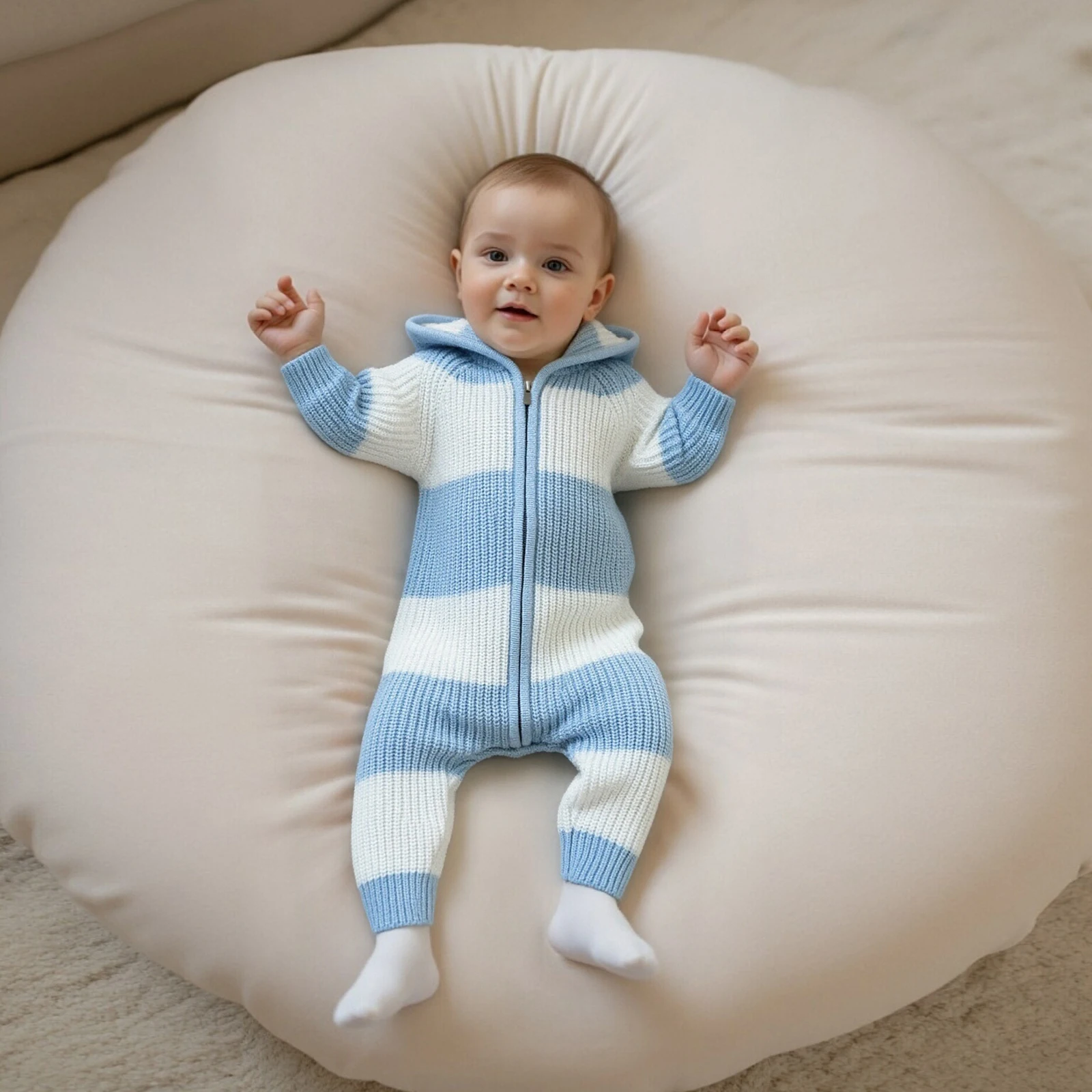 Mono de bebé, manga larga con capucha y cierre de cremallera, mameluco de punto, suéter a rayas para niñas y niños - imagen 3