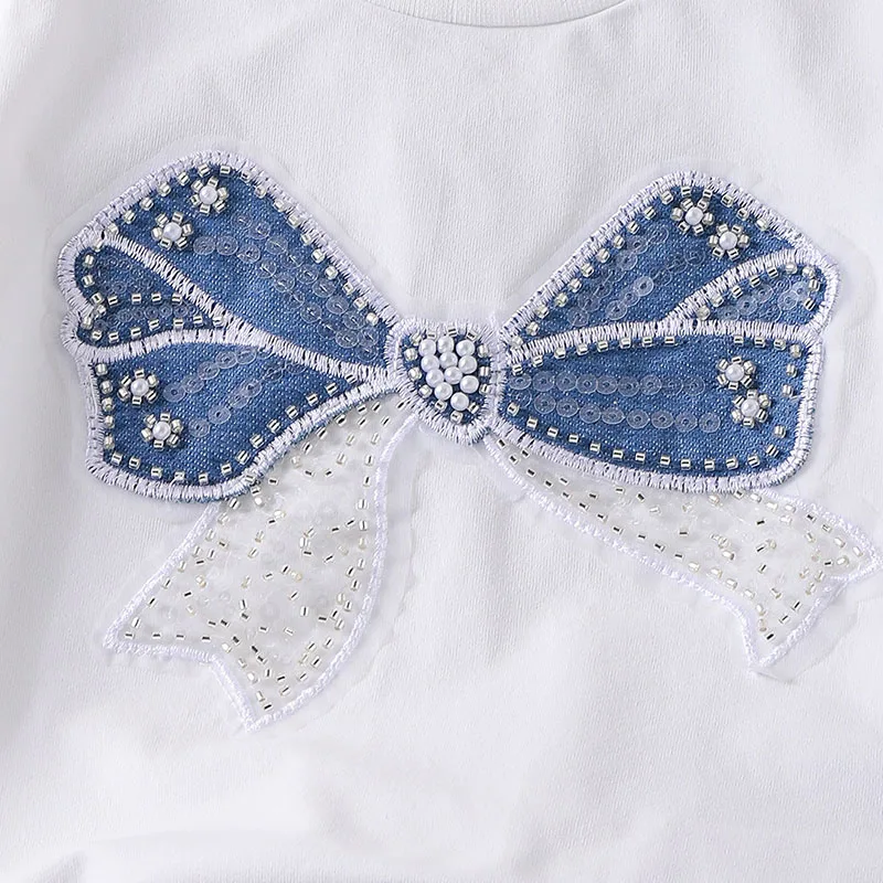 Conjuntos de 2 piezas de ropa de Boutique para niña, moda coreana, Tops de algodón de manga corta con bonito lazo para bebé + Pantalones cortos vaqueros, ropa para niños B202 - imagen 4