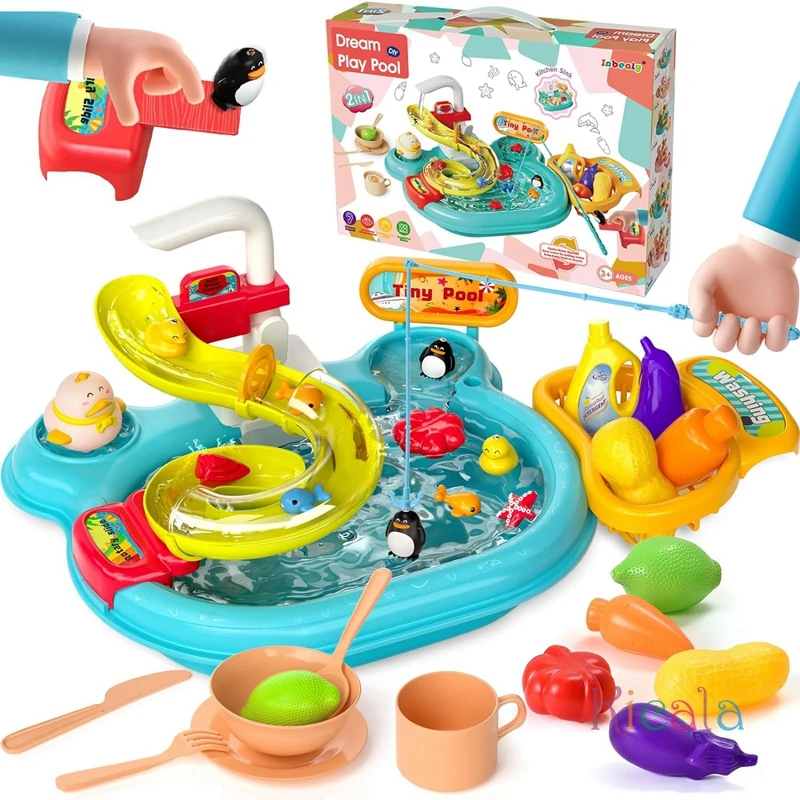 Cocinas juegan comida fregadero de cocina juguetes 3 en 1 juguetes de piscina de pesca juguetes de juego de rol para niños niñas - imagen 3