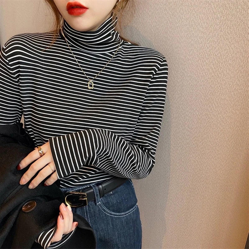 Capa base de cuello alto a rayas para mujer, camiseta de manga larga cepillada gruesa ajustada para otoño/invierno, Top versátil de Halloween - imagen 2