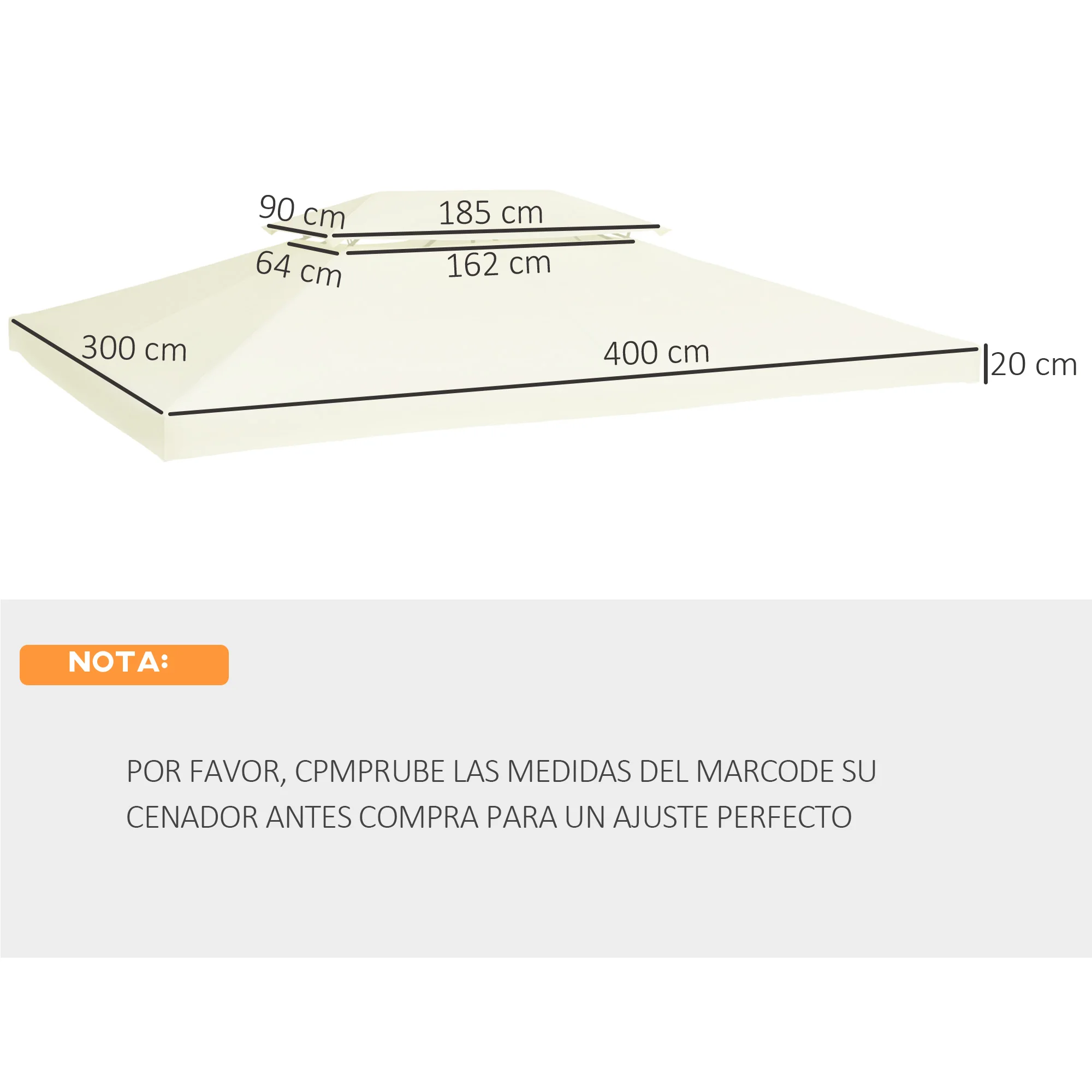 Outsunny Techo de Repuesto para Cenador 4x3 m Cubierta de Repuesto con Techo Doble 10 Orificios de Drenaje y Protección UV Toldo de Recambio para Pabellón Gazebo Crema - imagen 3