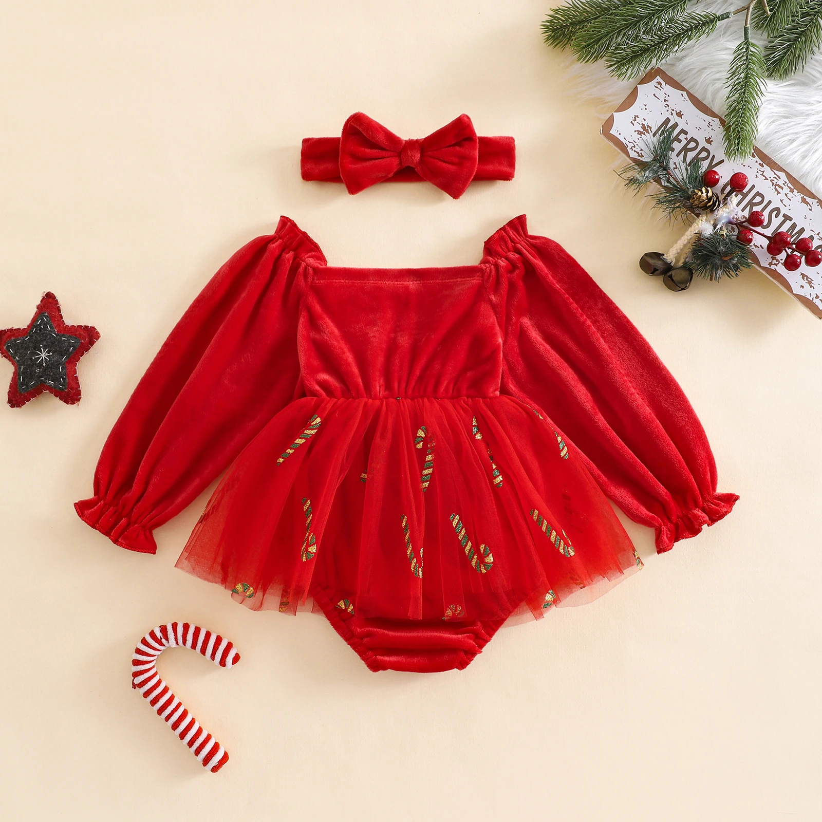 SUNSIOM, 2 uds., vestido mameluco para niñas, trajes de Navidad, falda de tul bordada con bastón de caramelo de manga larga con diadema, conjuntos de ropa - imagen 3