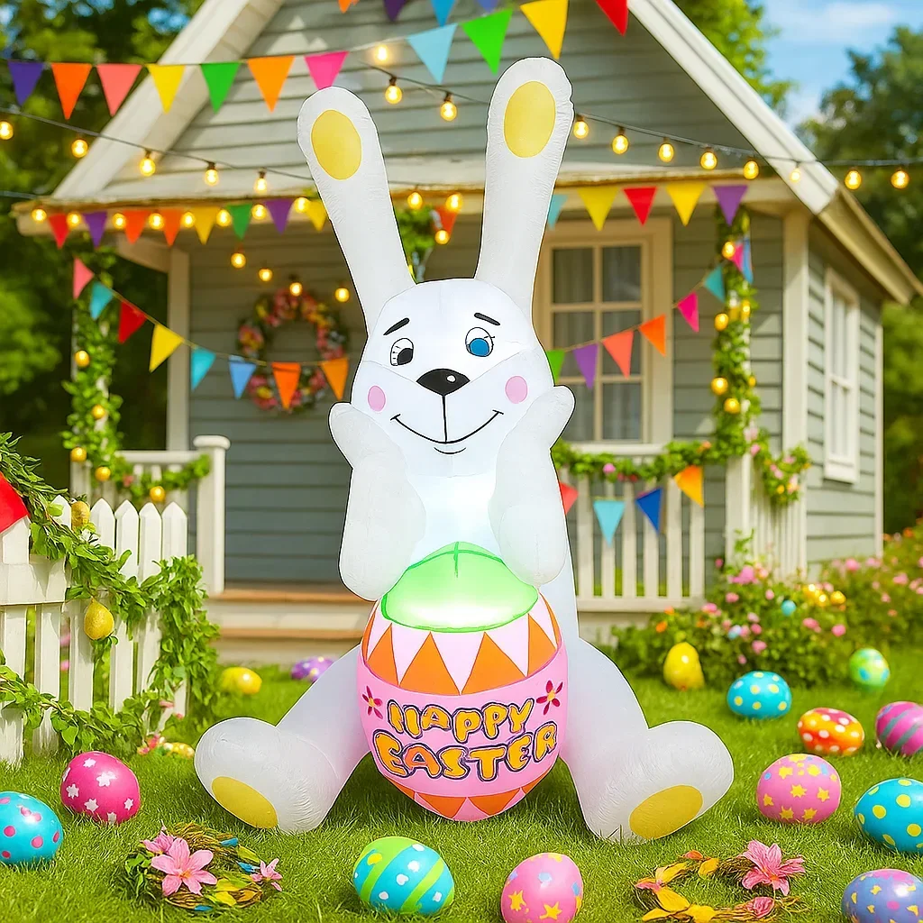 Conejo parpadeante inflable de Pascua de 5 pies, decoración de huevos, luces LED, inflables festivos para jardín, adorno inflable de Pascua - imagen 3