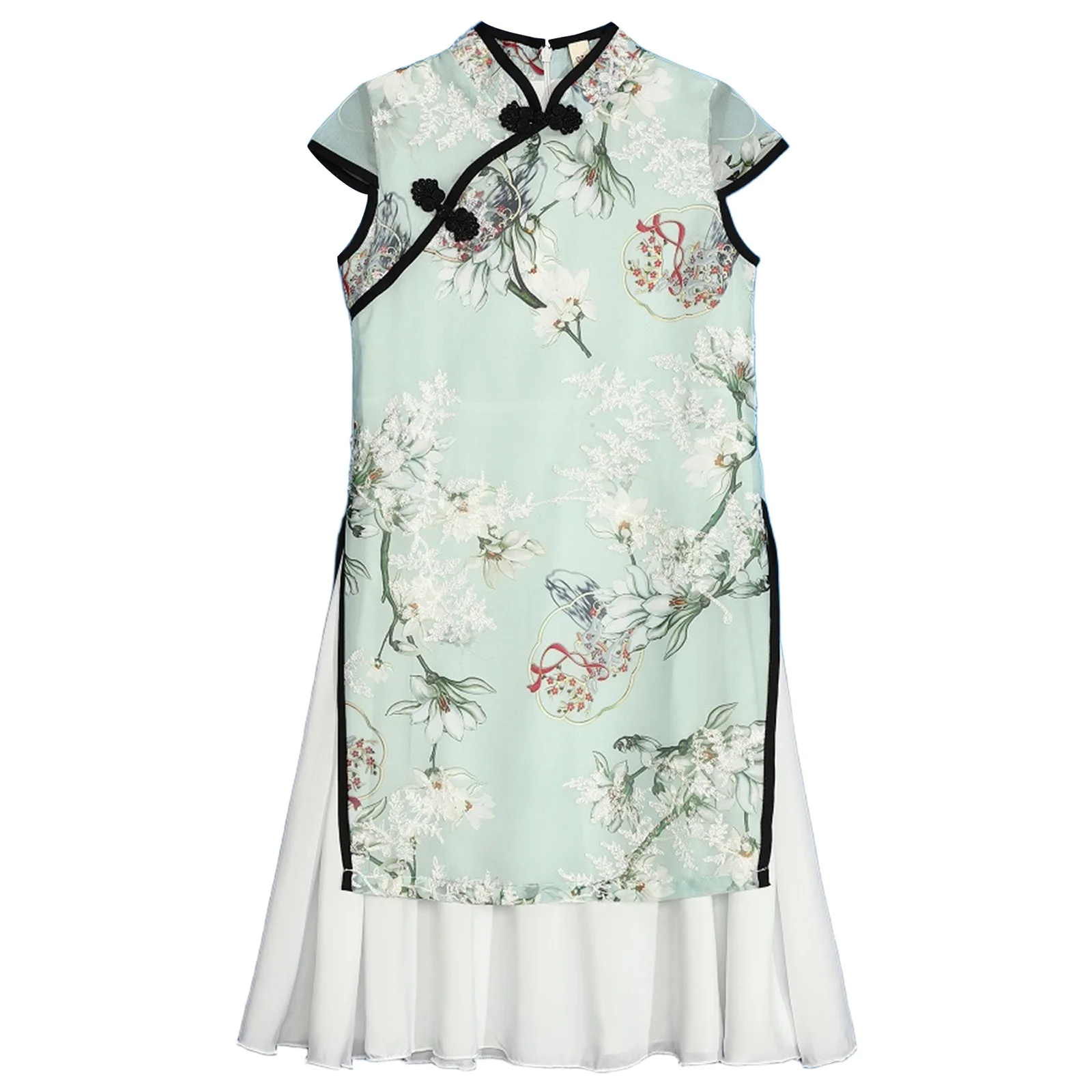 Cheongsam con estampado Floral bordado para niñas, cuello mandarín, mangas casquillo, nudo, botón, lados, vestido dividido, traje tradicional chino - imagen 4