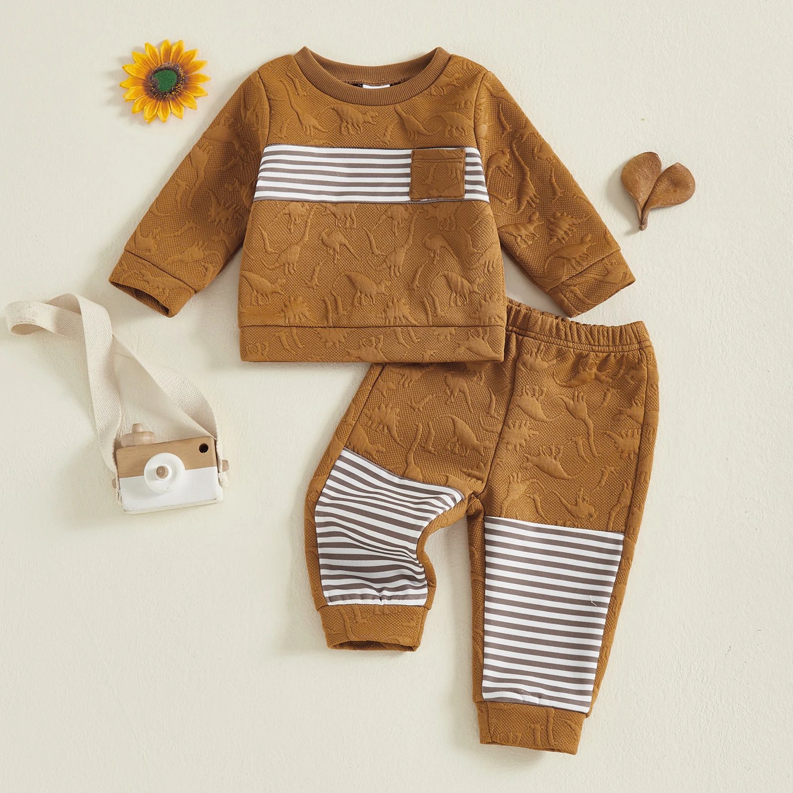 Conjunto de 2 piezas de trajes a rayas de otoño para niño pequeño de 0 a 3 años, jersey de cuello redondo de manga larga de Jacquard de dinosaurio + pantalones de cintura elástica