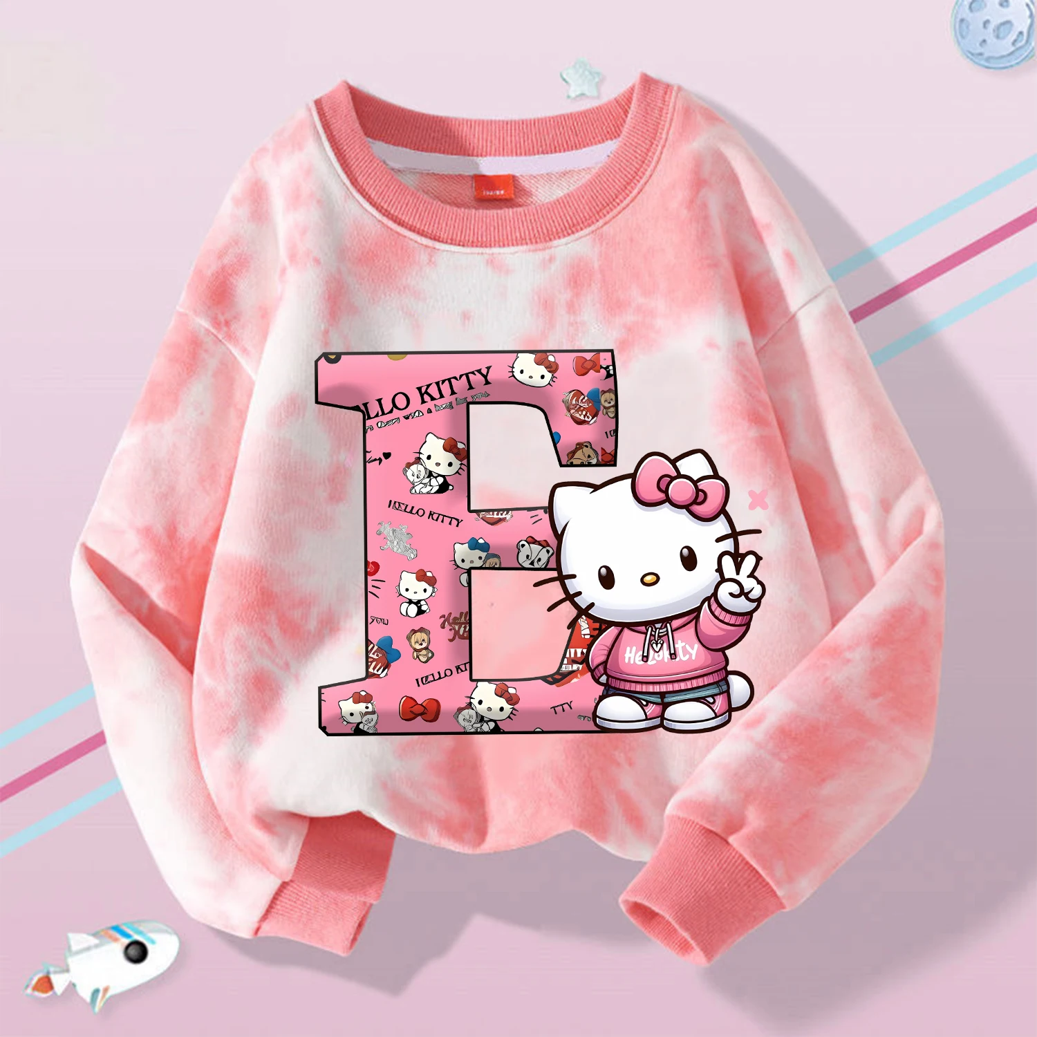 Sudadera con tinte anudado de Hello Kitty para niños, ropa con letras de dibujos animados, sudaderas con capucha rosas para niñas, ropa superior con cuello redondo, regalo