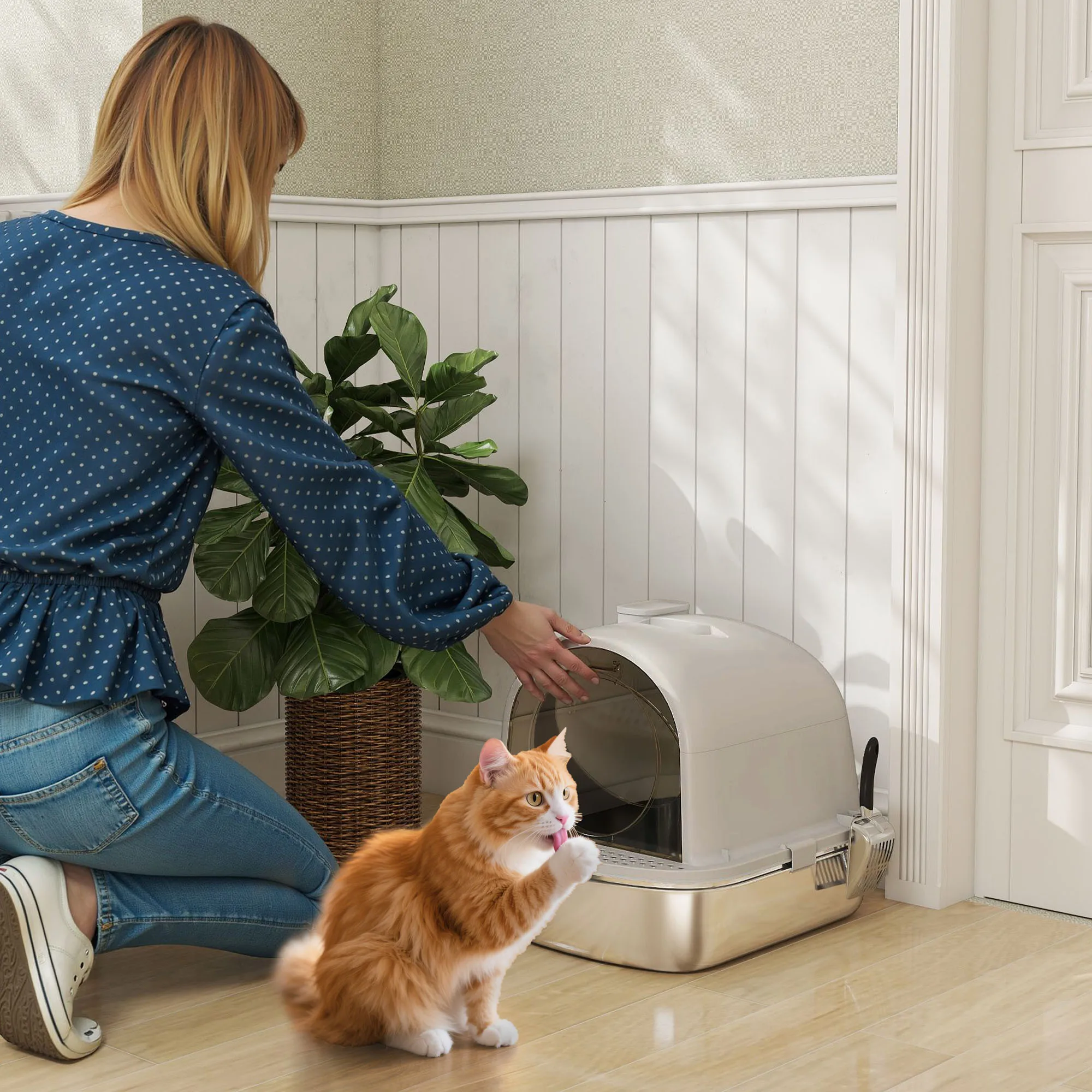 PawHut Arenero para Gatos de Acero Inoxidable con Cubierto Caja de Arena para Gatos Arenero con Bolsa Desodorizante Pala Fácil de Limpiar 52,4x41,3x39,9 cm - imagen 2