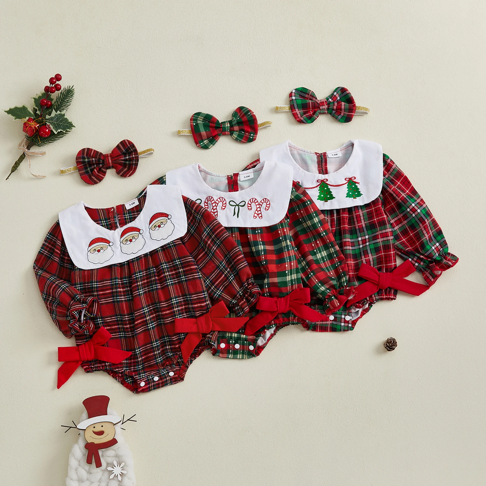 VISgogo Bebek Kız Noel Ekose Romper Noel Baba Nakış Uzun Kollu Bebek Yaka Tulum Yay Kafa Bandı ile - imagen 2