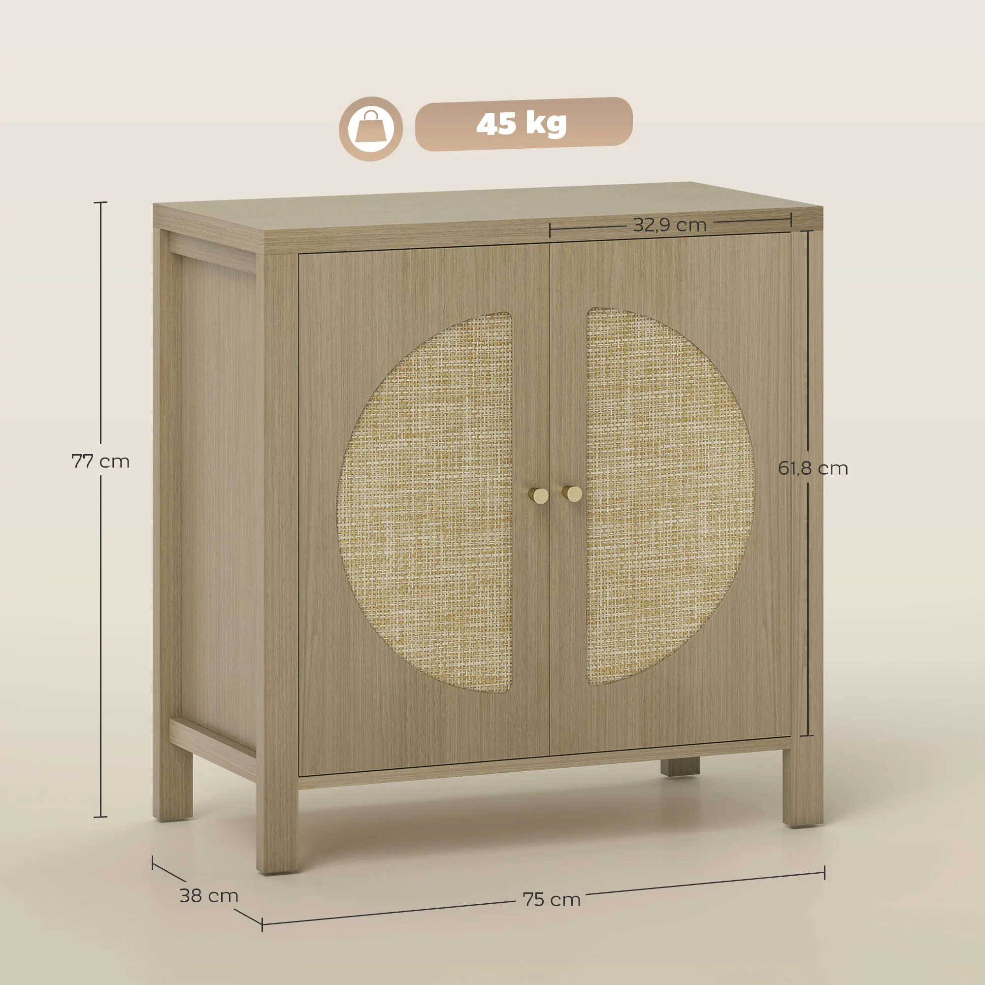 HOMCOM Aparador de Cocina con 2 Puertas de Ratán Sintético, Mueble Auxiliar de Cocina con Estante Ajustable y 2 Tiradores, Mueble de Buffet para Comedor, Salón, 75x38x77 cm, Madera Natural - imagen 3