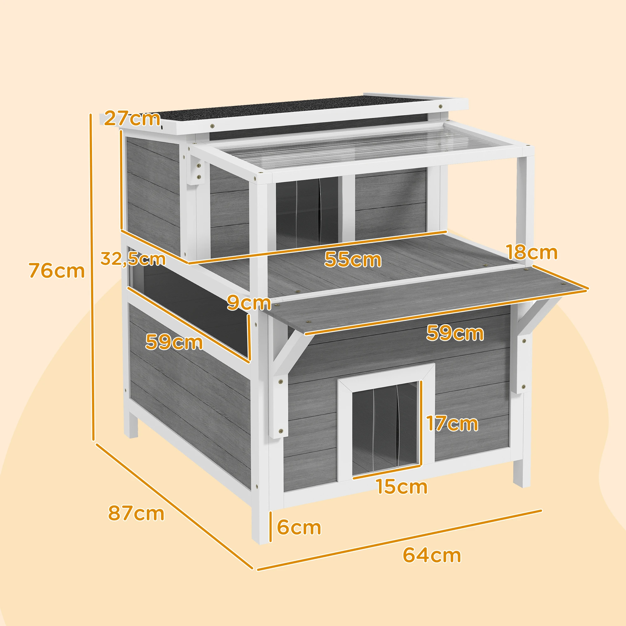 PawHut Caseta para Gatos de Madera 64x87x76 cm Casa para Gatos de 2 Niveles Refugio para Gatos con Techo Asfáltico Ventana y Puerta con Cortina para Interior y Exterior Gris Claro - imagen 3