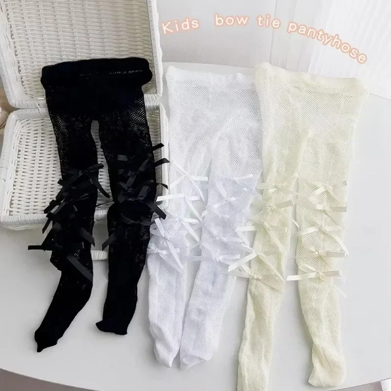 Medias ajustadas de verano para niños y niñas, pantimedias estilo lazo de princesa dulce para niños, medias de red finas y suaves y transpirables - imagen 3