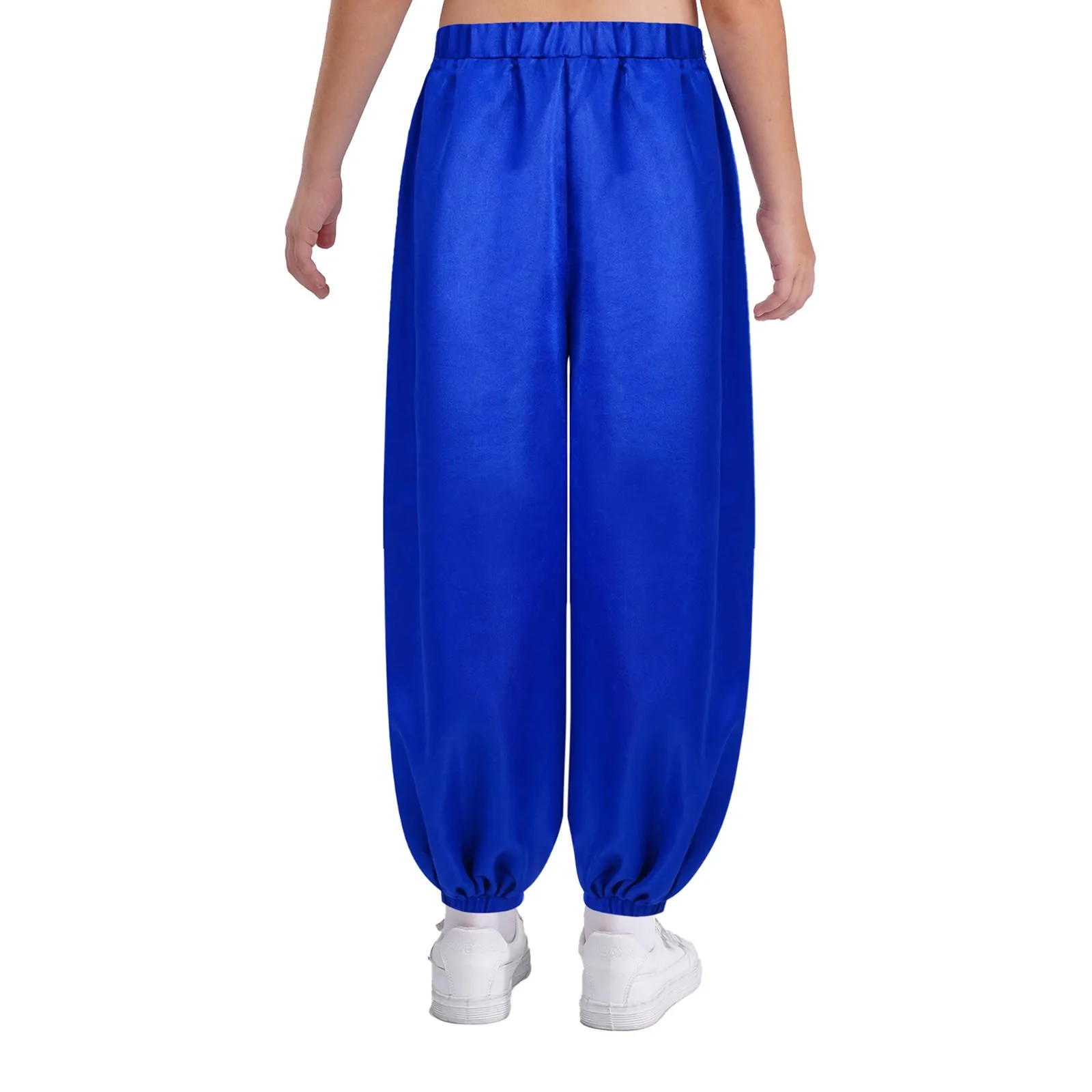 Pantalones de danza del vientre para niños y niñas, bombachos informales de satén con cintura elástica de Color sólido, disfraz de Príncipe Árabe puesta en escena - imagen 4