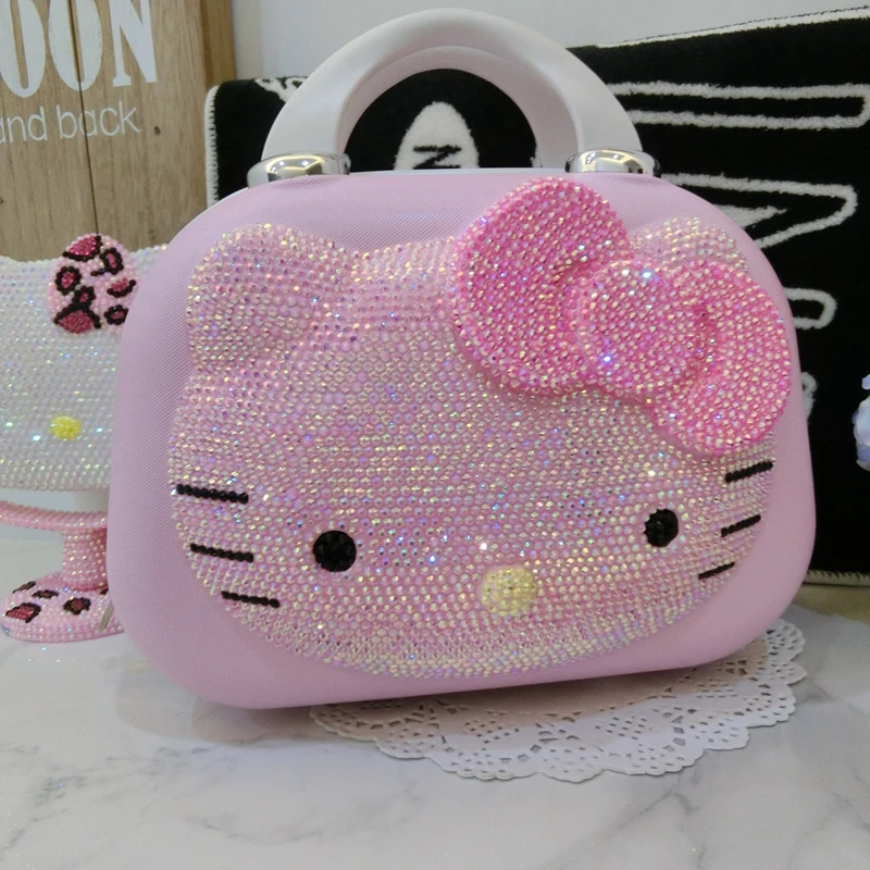 Lindo Hello Kitty Estuche de transporte de 14 pulgadas Estuche de maquillaje de viaje de dibujos animados Caja de almacenamiento portátil bloqueada multifuncional de gran capacidad