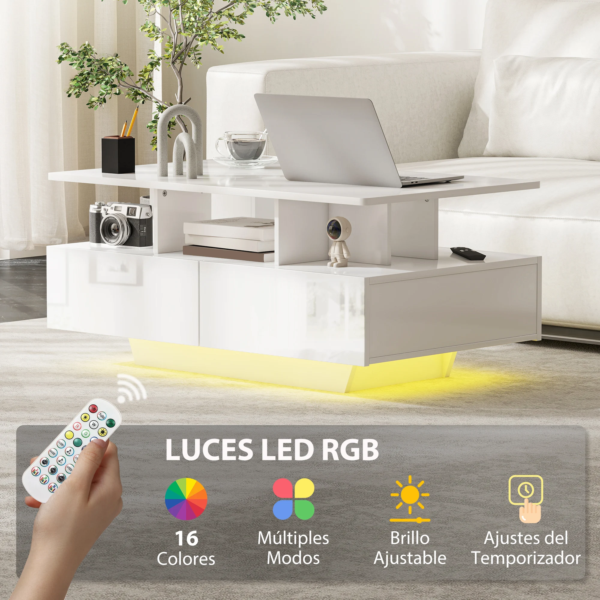 HOMCOM Mesa de Centro LED Moderna Mesa de Café Brillante con 4 Cajones Estante Abierto y Luces LED de 16 Colores para Salón 90x55x41 cm Blanco Brillo - imagen 4